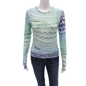 Omighty Women Basic Geometric Multicolor Crew Neck Long Sleeve T-Shirt Size S